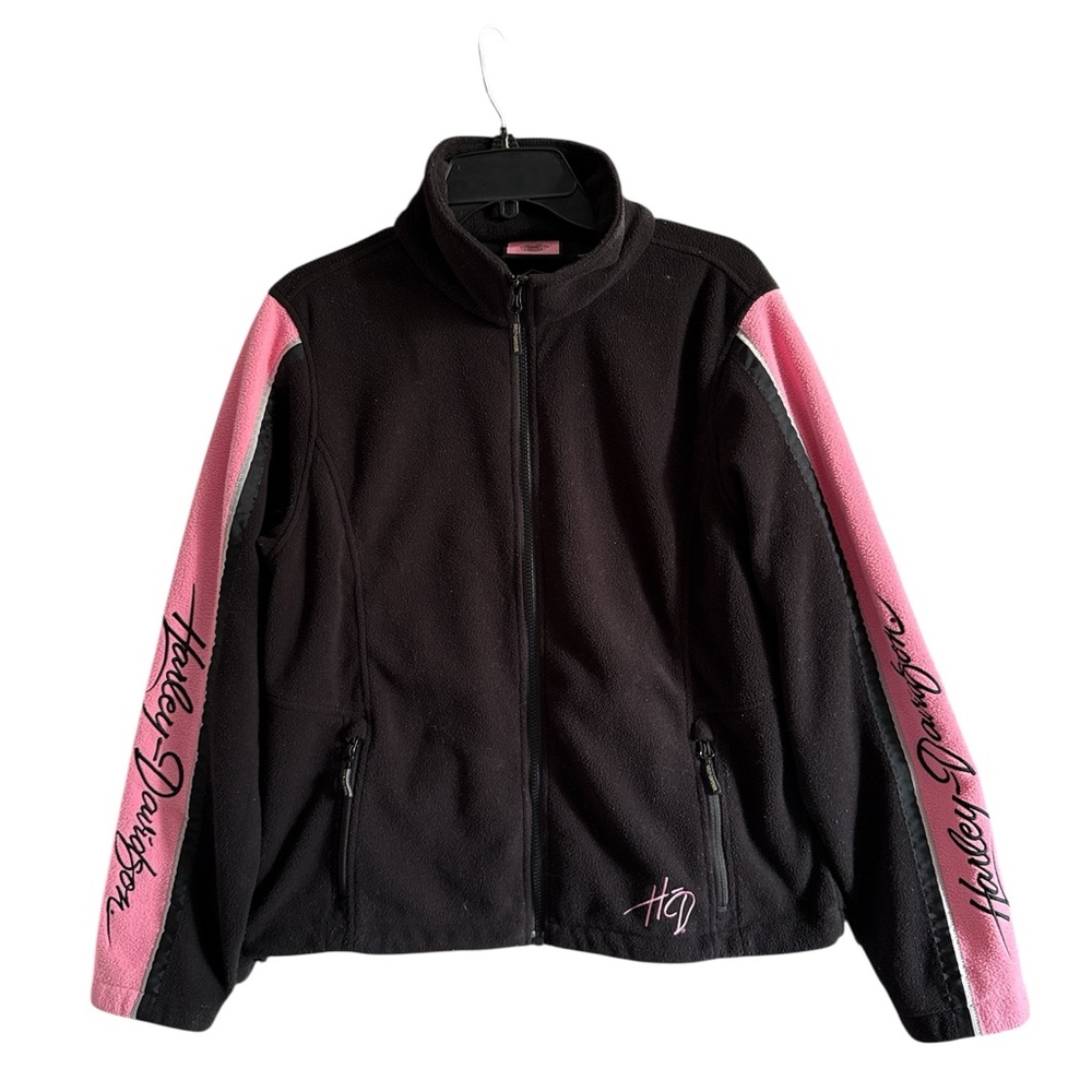 Vintage Harley-Davidson Women's Black Full Zip Fleece Jacket Pink Sleeves Size L